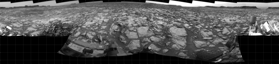 NASA's Mars rover Curiosity took 19 images in Gale Crater using its mast-mounted Left Navigation Camera (Navcam) to create this mosaic. The seam-corrected mosaic provides a 360-degree cylindrical projection panorama of the Martian surface centered at 180 degrees azimuth (measured clockwise from north). Curiosity took the images on September 24, 2016, Sol 1469 of the Mars Science Laboratory mission at drive 264, site number 58. The local mean solar time for the image exposures was 2 PM. Each Navcam image has a 45 degree field of view. CREDIT: NASA/JPL-Caltech