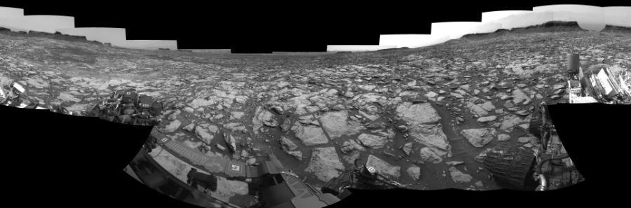 NASA's Mars rover Curiosity took 19 images in Gale Crater using its mast-mounted Left Navigation Camera (Navcam) to create this mosaic. The seam-corrected mosaic provides a 360-degree cylindrical-perspective projection panorama of the Martian surface suitable for stereo viewing, centered at 42 degrees azimuth (measured clockwise from north). This single-eye view must be combined with the partner right image to be viewed in stereo. Curiosity took the images on September 24, 2016, Sol 1469 of the Mars Science Laboratory mission at drive 264, site number 58. The local mean solar time for the image exposures was 2 PM. Each Navcam image has a 45-degree field of view. CREDIT: NASA/JPL-Caltech