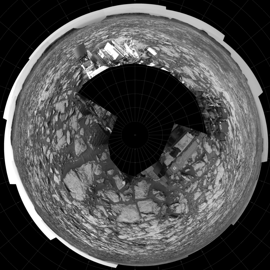 NASA's Mars rover Curiosity took 19 images in Gale Crater using its mast-mounted Left Navigation Camera (Navcam) to create this mosaic. The seam-corrected mosaic provides a polar stereographic projection panorama of the Martian surface with 0 degrees azimuth (measured clockwise from north) at the top of the image. Curiosity took the images on September 24, 2016, Sol 1469 of the Mars Science Laboratory mission at drive 264, site number 58. The local mean solar time for the image exposures was 2 PM. Each Navcam image has a 45-degree field of view. CREDIT: NASA/JPL-Caltech