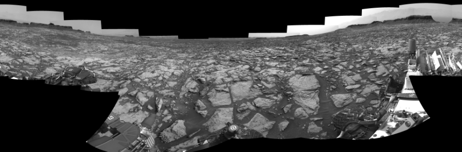 NASA's Mars rover Curiosity took 19 images in Gale Crater using its mast-mounted Right Navigation Camera (Navcam) to create this mosaic. The seam-corrected mosaic provides a 0-degree cylindrical-perspective projection panorama of the Martian surface suitable for stereo viewing, centered at 214 degrees azimuth (measured clockwise from north). This single-eye view must be combined with the partner left image to be viewed in stereo. Curiosity took the images on September 24, 2016, Sol 1469 of the Mars Science Laboratory mission at drive 264, site number 58. The local mean solar time for the image exposures was 2 PM. Each Navcam image has a 45-degree field of view. CREDIT: NASA/JPL-Caltech