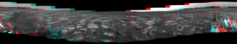 NASA's Mars rover Curiosity took 12 image pairs in Gale Crater using its mast-mounted Navigation Camera (Navcam) to create this mosaic. The seam-corrected mosaic provides a 360-degree cylindrical perspective projection panorama of the Martian surface suitable for stereo viewing, centered at 38 degrees azimuth (measured clockwise from north). This anaglyph must be viewed with red/blue glasses (red over left eye).  Curiosity took the images on September 26, 2016, Sol 1471 of the Mars Science Laboratory mission at drive 642, site number 58. The local mean solar time for the image exposures was 2 PM. Each Navcam image has a 45-degree field of view. CREDIT: NASA/JPL-Caltech