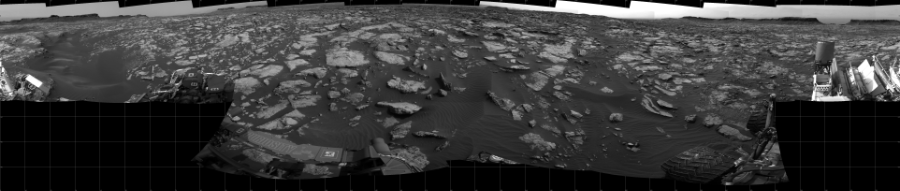NASA's Mars rover Curiosity took 19 images in Gale Crater using its mast-mounted Left Navigation Camera (Navcam) to create this mosaic. The seam-corrected mosaic provides a 360-degree cylindrical projection panorama of the Martian surface centered at 180 degrees azimuth (measured clockwise from north). Curiosity took the images on September 26, 2016, Sol 1471 of the Mars Science Laboratory mission at drive 642, site number 58. The local mean solar time for the image exposures was 2 PM. Each Navcam image has a 45 degree field of view. CREDIT: NASA/JPL-Caltech