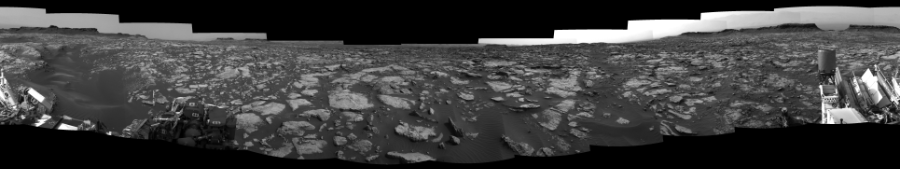 NASA's Mars rover Curiosity took 12 images in Gale Crater using its mast-mounted Left Navigation Camera (Navcam) to create this mosaic. The seam-corrected mosaic provides a 360-degree cylindrical-perspective projection panorama of the Martian surface suitable for stereo viewing, centered at 38 degrees azimuth (measured clockwise from north). This single-eye view must be combined with the partner right image to be viewed in stereo. Curiosity took the images on September 26, 2016, Sol 1471 of the Mars Science Laboratory mission at drive 642, site number 58. The local mean solar time for the image exposures was 2 PM. Each Navcam image has a 45-degree field of view. CREDIT: NASA/JPL-Caltech