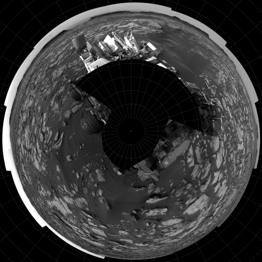 NASA's Mars rover Curiosity took 19 images in Gale Crater using its mast-mounted Left Navigation Camera (Navcam) to create this mosaic. The seam-corrected mosaic provides a polar stereographic projection panorama of the Martian surface with 0 degrees azimuth (measured clockwise from north) at the top of the image. Curiosity took the images on September 26, 2016, Sol 1471 of the Mars Science Laboratory mission at drive 642, site number 58. The local mean solar time for the image exposures was 2 PM. Each Navcam image has a 45-degree field of view. CREDIT: NASA/JPL-Caltech