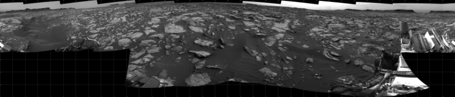 NASA's Mars rover Curiosity took 19 images in Gale Crater using its mast-mounted Right Navigation Camera (Navcam) to create this mosaic. The seam-corrected mosaic provides a 360-degree cylindrical projection panorama of the Martian surface centered at 180 degrees azimuth (measured clockwise from north). Curiosity took the images on September 26, 2016, Sol 1471 of the Mars Science Laboratory mission at drive 642, site number 58. The local mean solar time for the image exposures was 2 PM. Each Navcam image has a 45 degree field of view. CREDIT: NASA/JPL-Caltech