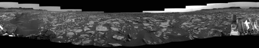 NASA's Mars rover Curiosity took 12 images in Gale Crater using its mast-mounted Right Navigation Camera (Navcam) to create this mosaic. The seam-corrected mosaic provides a 0-degree cylindrical-perspective projection panorama of the Martian surface suitable for stereo viewing, centered at 211 degrees azimuth (measured clockwise from north). This single-eye view must be combined with the partner left image to be viewed in stereo.  Curiosity took the images on September 26, 2016, Sol 1471 of the Mars Science Laboratory mission at drive 642, site number 58. The local mean solar time for the image exposures was 2 PM. Each Navcam image has a 45-degree field of view. CREDIT: NASA/JPL-Caltech