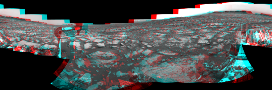 NASA's Mars rover Curiosity took 19 image pairs in Gale Crater using its mast-mounted Navigation Camera (Navcam) to create this mosaic. The seam-corrected mosaic provides a 360-degree cylindrical perspective projection panorama of the Martian surface suitable for stereo viewing, centered at 40 degrees azimuth (measured clockwise from north). This anaglyph must be viewed with red/blue glasses (red over left eye).  Curiosity took the images on September 28, 2016, Sol 1473 of the Mars Science Laboratory mission at drive 774, site number 58. The local mean solar time for the image exposures was 2 PM. Each Navcam image has a 45-degree field of view. CREDIT: NASA/JPL-Caltech