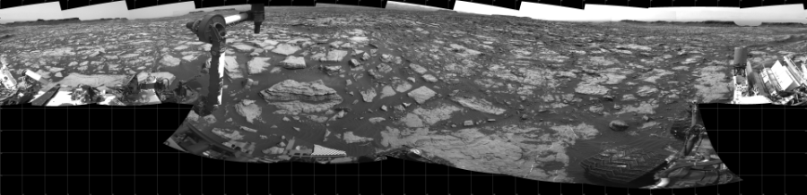 NASA's Mars rover Curiosity took 19 images in Gale Crater using its mast-mounted Left Navigation Camera (Navcam) to create this mosaic. The seam-corrected mosaic provides a 360-degree cylindrical projection panorama of the Martian surface centered at 180 degrees azimuth (measured clockwise from north). Curiosity took the images on September 28, 2016, Sol 1473 of the Mars Science Laboratory mission at drive 774, site number 58. The local mean solar time for the image exposures was 2 PM. Each Navcam image has a 45 degree field of view. CREDIT: NASA/JPL-Caltech
