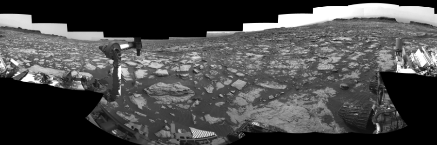 NASA's Mars rover Curiosity took 19 images in Gale Crater using its mast-mounted Left Navigation Camera (Navcam) to create this mosaic. The seam-corrected mosaic provides a 360-degree cylindrical-perspective projection panorama of the Martian surface suitable for stereo viewing, centered at 40 degrees azimuth (measured clockwise from north). This single-eye view must be combined with the partner right image to be viewed in stereo. Curiosity took the images on September 28, 2016, Sol 1473 of the Mars Science Laboratory mission at drive 774, site number 58. The local mean solar time for the image exposures was 2 PM. Each Navcam image has a 45-degree field of view. CREDIT: NASA/JPL-Caltech