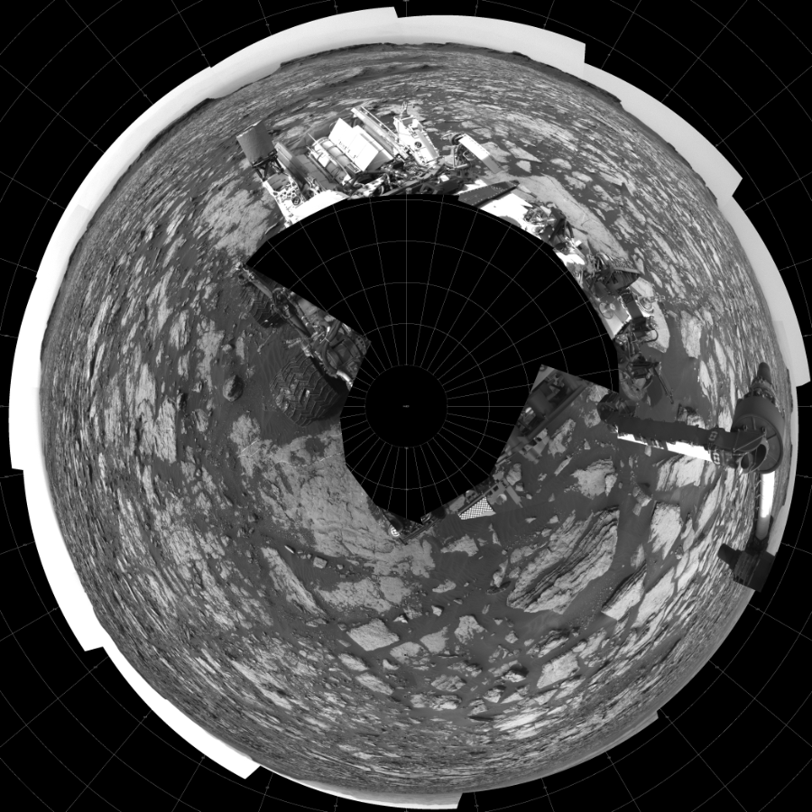 NASA's Mars rover Curiosity took 19 images in Gale Crater using its mast-mounted Left Navigation Camera (Navcam) to create this mosaic. The seam-corrected mosaic provides a polar stereographic projection panorama of the Martian surface with 0 degrees azimuth (measured clockwise from north) at the top of the image. Curiosity took the images on September 28, 2016, Sol 1473 of the Mars Science Laboratory mission at drive 774, site number 58. The local mean solar time for the image exposures was 2 PM. Each Navcam image has a 45-degree field of view. CREDIT: NASA/JPL-Caltech