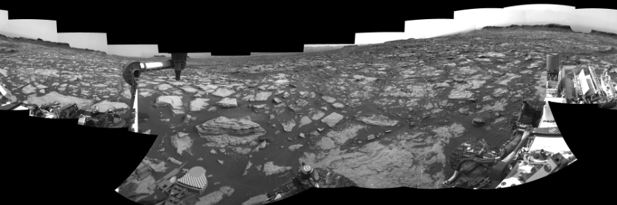 NASA's Mars rover Curiosity took 19 images in Gale Crater using its mast-mounted Right Navigation Camera (Navcam) to create this mosaic. The seam-corrected mosaic provides a 0-degree cylindrical-perspective projection panorama of the Martian surface suitable for stereo viewing, centered at 213 degrees azimuth (measured clockwise from north). This single-eye view must be combined with the partner left image to be viewed in stereo.  Curiosity took the images on September 28, 2016, Sol 1473 of the Mars Science Laboratory mission at drive 774, site number 58. The local mean solar time for the image exposures was 2 PM. Each Navcam image has a 45-degree field of view. CREDIT: NASA/JPL-Caltech