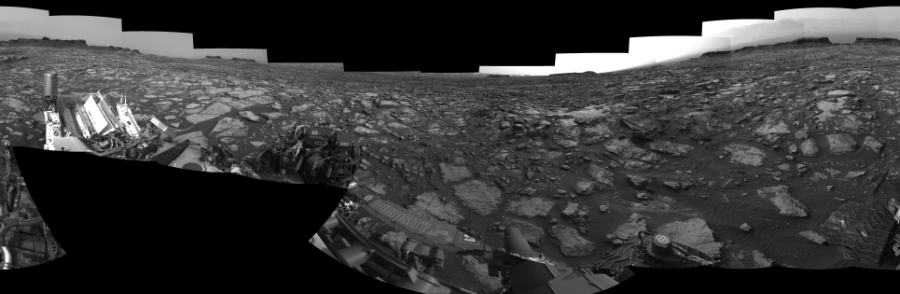 NASA's Mars rover Curiosity took 19 images in Gale Crater using its mast-mounted Left Navigation Camera (Navcam) to create this mosaic. The seam-corrected mosaic provides a 360-degree cylindrical-perspective projection panorama of the Martian surface suitable for stereo viewing, centered at 348 degrees azimuth (measured clockwise from north). This single-eye view must be combined with the partner right image to be viewed in stereo.  Curiosity took the images on September 30, 2016, Sol 1475 of the Mars Science Laboratory mission at drive 912, site number 58. The local mean solar time for the image exposures was 3 PM. Each Navcam image has a 45-degree field of view. CREDIT: NASA/JPL-Caltech