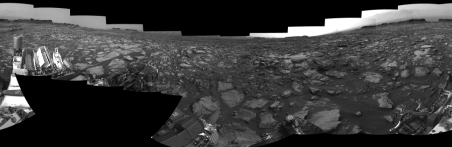 NASA's Mars rover Curiosity took 19 images in Gale Crater using its mast-mounted Right Navigation Camera (Navcam) to create this mosaic. The seam-corrected mosaic provides a 0-degree cylindrical-perspective projection panorama of the Martian surface suitable for stereo viewing, centered at 161 degrees azimuth (measured clockwise from north). This single-eye view must be combined with the partner left image to be viewed in stereo.  Curiosity took the images on September 30, 2016, Sol 1475 of the Mars Science Laboratory mission at drive 912, site number 58. The local mean solar time for the image exposures was 3 PM. Each Navcam image has a 45-degree field of view. CREDIT: NASA/JPL-Caltech