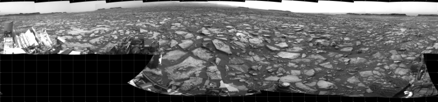 NASA's Mars rover Curiosity took 19 images in Gale Crater using its mast-mounted Left Navigation Camera (Navcam) to create this mosaic. The seam-corrected mosaic provides a 360-degree cylindrical projection panorama of the Martian surface centered at 180 degrees azimuth (measured clockwise from north). Curiosity took the images on October 03, 2016, Sol 1478 of the Mars Science Laboratory mission at drive 1002, site number 58. The local mean solar time for the image exposures was 1 PM. Each Navcam image has a 45 degree field of view. CREDIT: NASA/JPL-Caltech