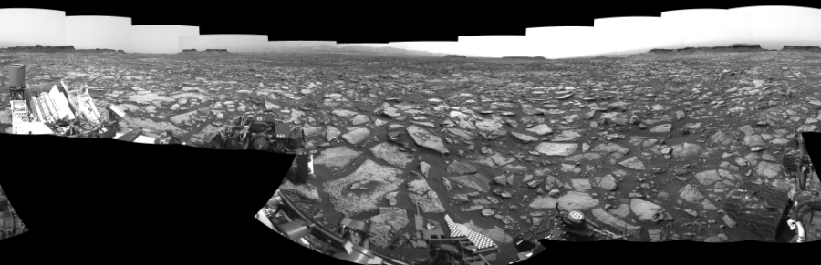 NASA's Mars rover Curiosity took 19 images in Gale Crater using its mast-mounted Left Navigation Camera (Navcam) to create this mosaic. The seam-corrected mosaic provides a 360-degree cylindrical-perspective projection panorama of the Martian surface suitable for stereo viewing, centered at 1 degrees azimuth (measured clockwise from north). This single-eye view must be combined with the partner right image to be viewed in stereo. Curiosity took the images on October 03, 2016, Sol 1478 of the Mars Science Laboratory mission at drive 1002, site number 58. The local mean solar time for the image exposures was 1 PM. Each Navcam image has a 45-degree field of view. CREDIT: NASA/JPL-Caltech