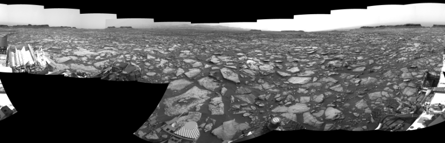 NASA's Mars rover Curiosity took 19 images in Gale Crater using its mast-mounted Right Navigation Camera (Navcam) to create this mosaic. The seam-corrected mosaic provides a 360-degree cylindrical-perspective projection panorama of the Martian surface suitable for stereo viewing, centered at 354 degrees azimuth (measured clockwise from north). This single-eye view must be combined with the partner left image to be viewed in stereo.  Curiosity took the images on October 03, 2016, Sol 1478 of the Mars Science Laboratory mission at drive 1002, site number 58. The local mean solar time for the image exposures was 1 PM. Each Navcam image has a 45-degree field of view. CREDIT: NASA/JPL-Caltech