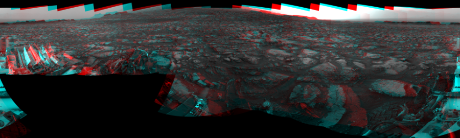 NASA's Mars rover Curiosity took 18 image pairs in Gale Crater using its mast-mounted Navigation Camera (Navcam) to create this mosaic. The seam-corrected mosaic provides a 360-degree cylindrical perspective projection panorama of the Martian surface suitable for stereo viewing, centered at 2 degrees azimuth (measured clockwise from north). This anaglyph must be viewed with red/blue glasses (red over left eye). Curiosity took the images on October 05, 2016, Sol 1480 of the Mars Science Laboratory mission at drive 1248, site number 58. The local mean solar time for the image exposures was 4 PM. Each Navcam image has a 45-degree field of view. CREDIT: NASA/JPL-Caltech