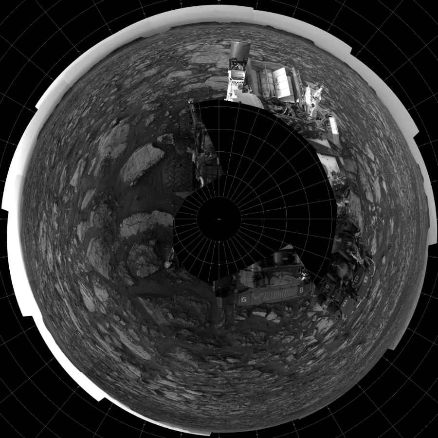 NASA's Mars rover Curiosity took 18 images in Gale Crater using its mast-mounted Left Navigation Camera (Navcam) to create this mosaic. The seam-corrected mosaic provides a polar stereographic projection panorama of the Martian surface with 0 degrees azimuth (measured clockwise from north) at the top of the image. Curiosity took the images on October 05, 2016, Sol 1480 of the Mars Science Laboratory mission at drive 1248, site number 58. The local mean solar time for the image exposures was 4 PM. Each Navcam image has a 45-degree field of view. CREDIT: NASA/JPL-Caltech