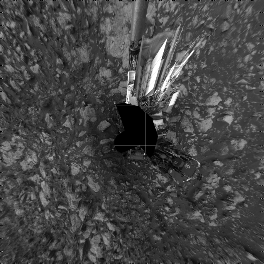 NASA's Mars rover Curiosity took 18 images in Gale Crater using its mast-mounted Left Navigation Camera (Navcam) to create this mosaic. The seam-corrected mosaic provides a vertical projection of the Martian surface near the rover, covering an area of 20 meters (north/south) by 20 meters (east/west). North is up in the image. This projection provides an overhead view, but introduces distortion for items not on the surface, such as large rocks and the rover itself.  Curiosity took the images on October 05, 2016, Sol 1480 of the Mars Science Laboratory mission at drive 1248, site number 58. The local mean solar time for the image exposures was 4 PM. Each Navcam image has a 45-degree field of view. CREDIT: NASA/JPL-Caltech