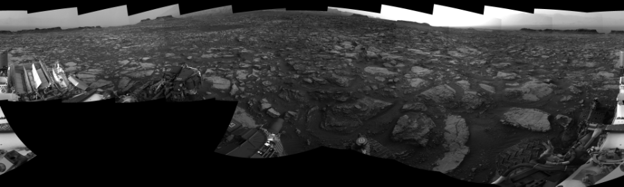NASA's Mars rover Curiosity took 18 images in Gale Crater using its mast-mounted Right Navigation Camera (Navcam) to create this mosaic. The seam-corrected mosaic provides a 0-degree cylindrical-perspective projection panorama of the Martian surface suitable for stereo viewing, centered at 175 degrees azimuth (measured clockwise from north). This single-eye view must be combined with the partner left image to be viewed in stereo.  Curiosity took the images on October 05, 2016, Sol 1480 of the Mars Science Laboratory mission at drive 1248, site number 58. The local mean solar time for the image exposures was 4 PM. Each Navcam image has a 45-degree field of view. CREDIT: NASA/JPL-Caltech