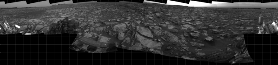 NASA's Mars rover Curiosity took 18 images in Gale Crater using its mast-mounted Left Navigation Camera (Navcam) to create this mosaic. The seam-corrected mosaic provides a 360-degree cylindrical projection panorama of the Martian surface centered at 180 degrees azimuth (measured clockwise from north). Curiosity took the images on October 07, 2016, Sols 1482-1483 of the Mars Science Laboratory mission at drive 1572, site number 58. The local mean solar time for the image exposures was from 2 PM to 4 PM. Each Navcam image has a 45 degree field of view. CREDIT: NASA/JPL-Caltech