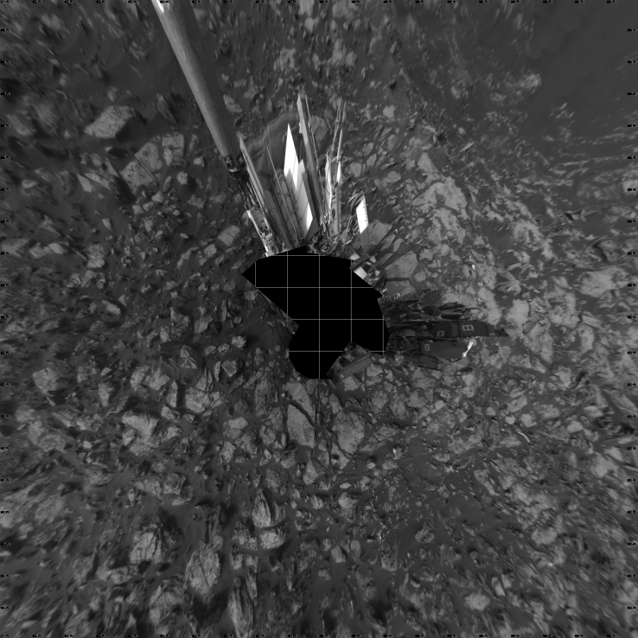 NASA's Mars rover Curiosity took 18 images in Gale Crater using its mast-mounted Left Navigation Camera (Navcam) to create this mosaic. The seam-corrected mosaic provides a vertical projection of the Martian surface near the rover, covering an area of 20 meters (north/south) by 20 meters (east/west). North is up in the image. This projection provides an overhead view, but introduces distortion for items not on the surface, such as large rocks and the rover itself. Curiosity took the images on October 07, 2016, Sols 1482-1483 of the Mars Science Laboratory mission at drive 1572, site number 58. The local mean solar time for the image exposures was from 2 PM to 4 PM. Each Navcam image has a 45-degree field of view. CREDIT: NASA/JPL-Caltech