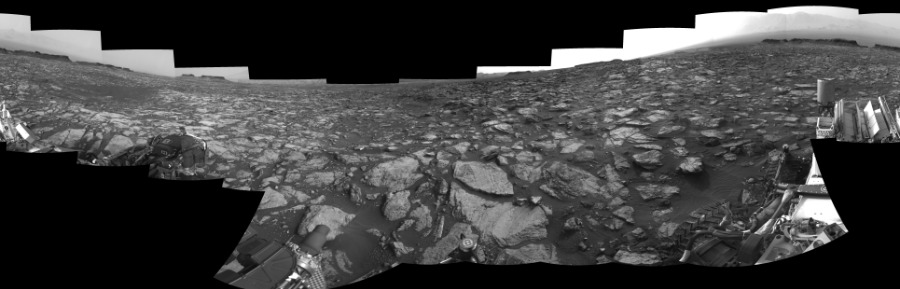 NASA's Mars rover Curiosity took 18 images in Gale Crater using its mast-mounted Right Navigation Camera (Navcam) to create this mosaic. The seam-corrected mosaic provides a 0-degree cylindrical-perspective projection panorama of the Martian surface suitable for stereo viewing, centered at 205 degrees azimuth (measured clockwise from north). This single-eye view must be combined with the partner left image to be viewed in stereo.  Curiosity took the images on October 07, 2016, Sols 1482-1483 of the Mars Science Laboratory mission at drive 1572, site number 58. The local mean solar time for the image exposures was from 2 PM to 4 PM. Each Navcam image has a 45-degree field of view. CREDIT: NASA/JPL-Caltech