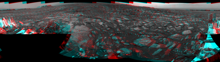 NASA's Mars rover Curiosity took 19 image pairs in Gale Crater using its mast-mounted Navigation Camera (Navcam) to create this mosaic. The seam-corrected mosaic provides a 360-degree cylindrical perspective projection panorama of the Martian surface suitable for stereo viewing, centered at 20 degrees azimuth (measured clockwise from north). This anaglyph must be viewed with red/blue glasses (red over left eye). Curiosity took the images on October 10, 2016, Sol 1485 of the Mars Science Laboratory mission at drive 1836, site number 58. The local mean solar time for the image exposures was 2 PM. Each Navcam image has a 45-degree field of view. CREDIT: NASA/JPL-Caltech