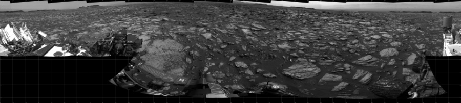 NASA's Mars rover Curiosity took 19 images in Gale Crater using its mast-mounted Left Navigation Camera (Navcam) to create this mosaic. The seam-corrected mosaic provides a 360-degree cylindrical projection panorama of the Martian surface centered at 180 degrees azimuth (measured clockwise from north). Curiosity took the images on October 10, 2016, Sol 1485 of the Mars Science Laboratory mission at drive 1836, site number 58. The local mean solar time for the image exposures was 2 PM. Each Navcam image has a 45 degree field of view. CREDIT: NASA/JPL-Caltech