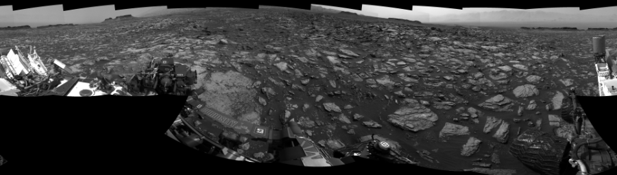 NASA's Mars rover Curiosity took 19 images in Gale Crater using its mast-mounted Left Navigation Camera (Navcam) to create this mosaic. The seam-corrected mosaic provides a 360-degree cylindrical-perspective projection panorama of the Martian surface suitable for stereo viewing, centered at 20 degrees azimuth (measured clockwise from north). This single-eye view must be combined with the partner right image to be viewed in stereo.  Curiosity took the images on October 10, 2016, Sol 1485 of the Mars Science Laboratory mission at drive 1836, site number 58. The local mean solar time for the image exposures was 2 PM. Each Navcam image has a 45-degree field of view. CREDIT: NASA/JPL-Caltech