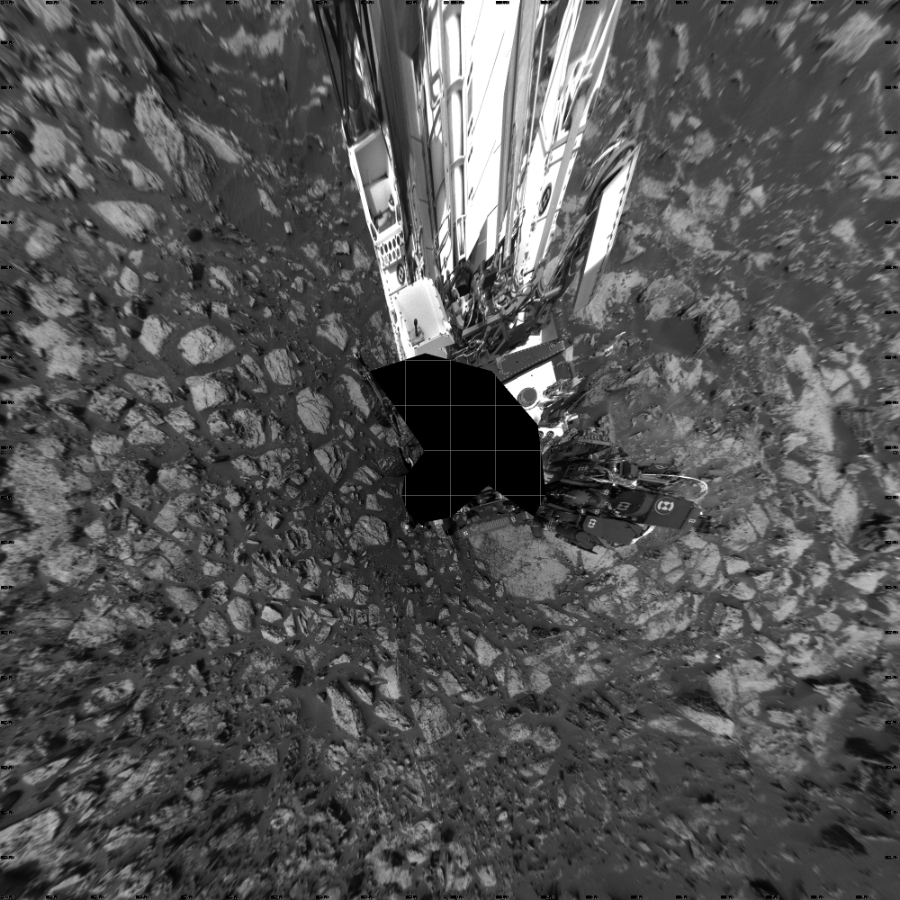 NASA's Mars rover Curiosity took 19 images in Gale Crater using its mast-mounted Left Navigation Camera (Navcam) to create this mosaic. The seam-corrected mosaic provides a vertical projection of the Martian surface near the rover, covering an area of 20 meters (north/south) by 20 meters (east/west). North is up in the image. This projection provides an overhead view, but introduces distortion for items not on the surface, such as large rocks and the rover itself.  Curiosity took the images on October 10, 2016, Sol 1485 of the Mars Science Laboratory mission at drive 1836, site number 58. The local mean solar time for the image exposures was 2 PM. Each Navcam image has a 45-degree field of view. CREDIT: NASA/JPL-Caltech
