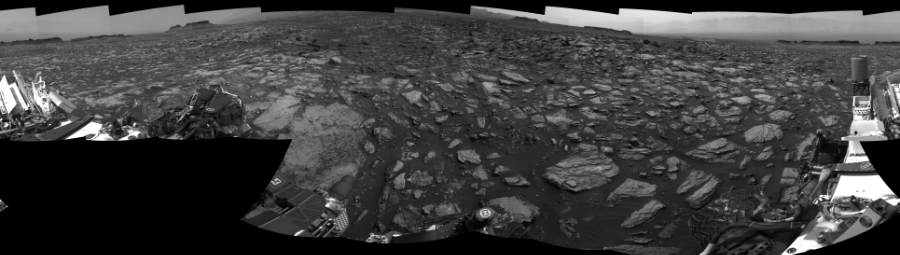 NASA's Mars rover Curiosity took 19 images in Gale Crater using its mast-mounted Right Navigation Camera (Navcam) to create this mosaic. The seam-corrected mosaic provides a 0-degree cylindrical-perspective projection panorama of the Martian surface suitable for stereo viewing, centered at 193 degrees azimuth (measured clockwise from north). This single-eye view must be combined with the partner left image to be viewed in stereo.  Curiosity took the images on October 10, 2016, Sol 1485 of the Mars Science Laboratory mission at drive 1836, site number 58. The local mean solar time for the image exposures was 2 PM. Each Navcam image has a 45-degree field of view. CREDIT: NASA/JPL-Caltech