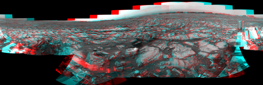 NASA's Mars rover Curiosity took 18 image pairs in Gale Crater using its mast-mounted Navigation Camera (Navcam) to create this mosaic. The seam-corrected mosaic provides a 360-degree cylindrical perspective projection panorama of the Martian surface suitable for stereo viewing, centered at 37 degrees azimuth (measured clockwise from north). This anaglyph must be viewed with red/blue glasses (red over left eye).  Curiosity took the images on October 12, 2016, Sol 1487 of the Mars Science Laboratory mission at drive 1986, site number 58. The local mean solar time for the image exposures was 3 PM. Each Navcam image has a 45-degree field of view. CREDIT: NASA/JPL-Caltech