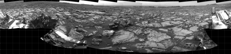 NASA's Mars rover Curiosity took 18 images in Gale Crater using its mast-mounted Left Navigation Camera (Navcam) to create this mosaic. The seam-corrected mosaic provides a 360-degree cylindrical projection panorama of the Martian surface centered at 280 degrees azimuth (measured clockwise from north). Curiosity took the images on October 12, 2016, Sol 1487 of the Mars Science Laboratory mission at drive 1986, site number 58. The local mean solar time for the image exposures was 3 PM. Each Navcam image has a 45 degree field of view. CREDIT: NASA/JPL-Caltech