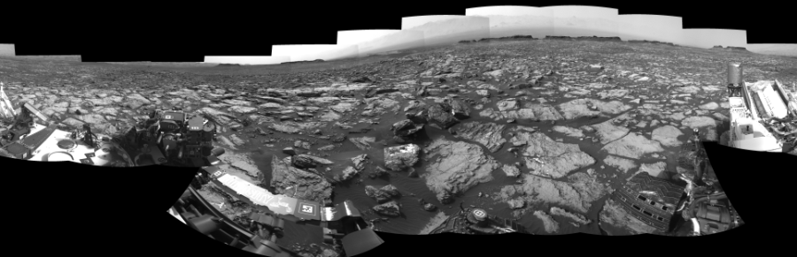NASA's Mars rover Curiosity took 18 images in Gale Crater using its mast-mounted Left Navigation Camera (Navcam) to create this mosaic. The seam-corrected mosaic provides a 360-degree cylindrical-perspective projection panorama of the Martian surface suitable for stereo viewing, centered at 37 degrees azimuth (measured clockwise from north). This single-eye view must be combined with the partner right image to be viewed in stereo.  Curiosity took the images on October 12, 2016, Sol 1487 of the Mars Science Laboratory mission at drive 1986, site number 58. The local mean solar time for the image exposures was 3 PM. Each Navcam image has a 45-degree field of view. CREDIT: NASA/JPL-Caltech