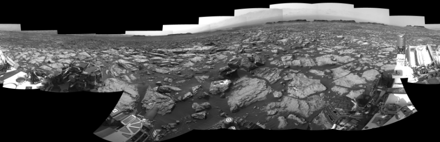NASA's Mars rover Curiosity took 18 images in Gale Crater using its mast-mounted Right Navigation Camera (Navcam) to create this mosaic. The seam-corrected mosaic provides a 360-degree cylindrical-perspective projection panorama of the Martian surface suitable for stereo viewing, centered at 27 degrees azimuth (measured clockwise from north). This single-eye view must be combined with the partner left image to be viewed in stereo.  Curiosity took the images on October 12, 2016, Sol 1487 of the Mars Science Laboratory mission at drive 1986, site number 58. The local mean solar time for the image exposures was 3 PM. Each Navcam image has a 45-degree field of view. CREDIT: NASA/JPL-Caltech