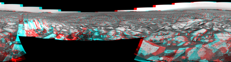 NASA's Mars rover Curiosity took 17 image pairs in Gale Crater using its mast-mounted Navigation Camera (Navcam) to create this mosaic. The seam-corrected mosaic provides a 360-degree cylindrical perspective projection panorama of the Martian surface suitable for stereo viewing, centered at 328 degrees azimuth (measured clockwise from north). This anaglyph must be viewed with red/blue glasses (red over left eye).  Curiosity took the images on October 24, 2016, Sol 1499 of the Mars Science Laboratory mission at drive 2136, site number 58. The local mean solar time for the image exposures was 1 PM. Each Navcam image has a 45-degree field of view. CREDIT: NASA/JPL-Caltech