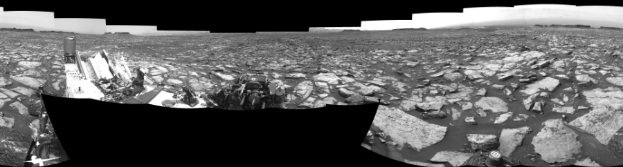 NASA's Mars rover Curiosity took 17 images in Gale Crater using its mast-mounted Left Navigation Camera (Navcam) to create this mosaic. The seam-corrected mosaic provides a 360-degree cylindrical-perspective projection panorama of the Martian surface suitable for stereo viewing, centered at 328 degrees azimuth (measured clockwise from north). This single-eye view must be combined with the partner right image to be viewed in stereo. Curiosity took the images on October 24, 2016, Sol 1499 of the Mars Science Laboratory mission at drive 2136, site number 58. The local mean solar time for the image exposures was 1 PM. Each Navcam image has a 45-degree field of view. CREDIT: NASA/JPL-Caltech