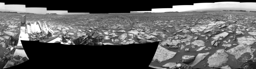 NASA's Mars rover Curiosity took 17 images in Gale Crater using its mast-mounted Right Navigation Camera (Navcam) to create this mosaic. The seam-corrected mosaic provides a 0-degree cylindrical-perspective projection panorama of the Martian surface suitable for stereo viewing, centered at 143 degrees azimuth (measured clockwise from north). This single-eye view must be combined with the partner left image to be viewed in stereo.  Curiosity took the images on October 24, 2016, Sol 1499 of the Mars Science Laboratory mission at drive 2136, site number 58. The local mean solar time for the image exposures was 1 PM. Each Navcam image has a 45-degree field of view. CREDIT: NASA/JPL-Caltech