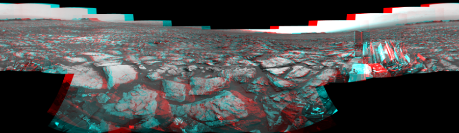 NASA's Mars rover Curiosity took 17 image pairs in Gale Crater using its mast-mounted Navigation Camera (Navcam) to create this mosaic. The seam-corrected mosaic provides a 360-degree cylindrical perspective projection panorama of the Martian surface suitable for stereo viewing, centered at 81 degrees azimuth (measured clockwise from north). This anaglyph must be viewed with red/blue glasses (red over left eye).  Curiosity took the images on October 25, 2016, Sol 1500 of the Mars Science Laboratory mission at drive 2394, site number 58. The local mean solar time for the image exposures was 2 PM. Each Navcam image has a 45-degree field of view. CREDIT: NASA/JPL-Caltech