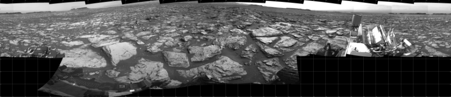 NASA's Mars rover Curiosity took 17 images in Gale Crater using its mast-mounted Left Navigation Camera (Navcam) to create this mosaic. The seam-corrected mosaic provides a 360-degree cylindrical projection panorama of the Martian surface centered at 180 degrees azimuth (measured clockwise from north). Curiosity took the images on October 25, 2016, Sol 1500 of the Mars Science Laboratory mission at drive 2394, site number 58. The local mean solar time for the image exposures was 2 PM. Each Navcam image has a 45 degree field of view. CREDIT: NASA/JPL-Caltech