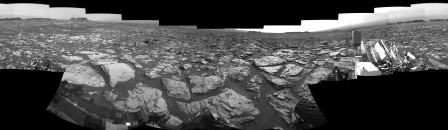 NASA's Mars rover Curiosity took 17 images in Gale Crater using its mast-mounted Left Navigation Camera (Navcam) to create this mosaic. The seam-corrected mosaic provides a 360-degree cylindrical-perspective projection panorama of the Martian surface suitable for stereo viewing, centered at 81 degrees azimuth (measured clockwise from north). This single-eye view must be combined with the partner right image to be viewed in stereo. Curiosity took the images on October 25, 2016, Sol 1500 of the Mars Science Laboratory mission at drive 2394, site number 58. The local mean solar time for the image exposures was 2 PM. Each Navcam image has a 45-degree field of view. CREDIT: NASA/JPL-Caltech