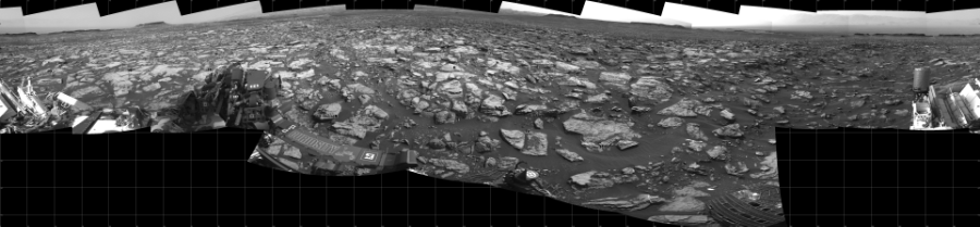 NASA's Mars rover Curiosity took 17 images in Gale Crater using its mast-mounted Left Navigation Camera (Navcam) to create this mosaic. The seam-corrected mosaic provides a 360-degree cylindrical projection panorama of the Martian surface centered at 180 degrees azimuth (measured clockwise from north). Curiosity took the images on October 26, 2016, Sol 1501 of the Mars Science Laboratory mission at drive 2760, site number 58. The local mean solar time for the image exposures was 2 PM. Each Navcam image has a 45 degree field of view. CREDIT: NASA/JPL-Caltech