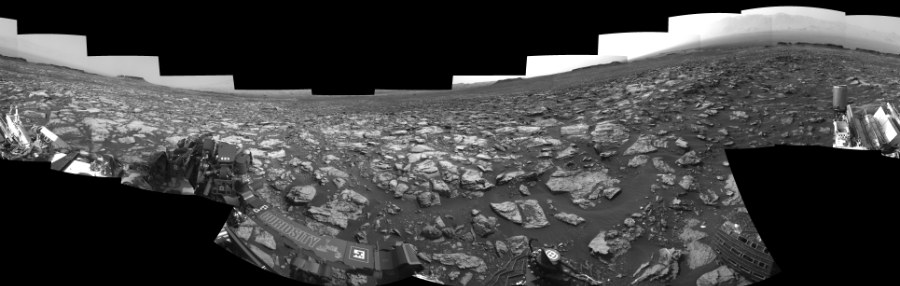 NASA's Mars rover Curiosity took 17 images in Gale Crater using its mast-mounted Left Navigation Camera (Navcam) to create this mosaic. The seam-corrected mosaic provides a 360-degree cylindrical-perspective projection panorama of the Martian surface suitable for stereo viewing, centered at 32 degrees azimuth (measured clockwise from north). This single-eye view must be combined with the partner right image to be viewed in stereo.  Curiosity took the images on October 26, 2016, Sol 1501 of the Mars Science Laboratory mission at drive 2760, site number 58. The local mean solar time for the image exposures was 2 PM. Each Navcam image has a 45-degree field of view. CREDIT: NASA/JPL-Caltech