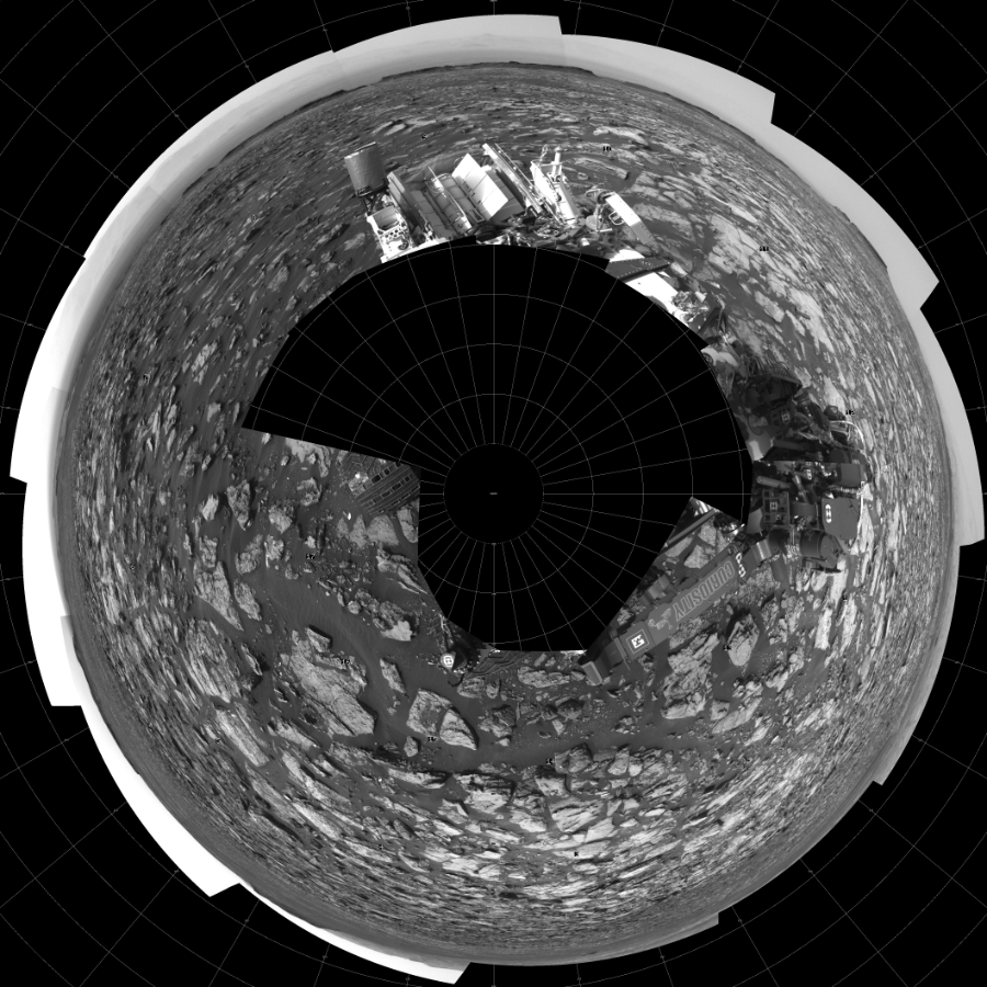 NASA's Mars rover Curiosity took 17 images in Gale Crater using its mast-mounted Left Navigation Camera (Navcam) to create this mosaic. The seam-corrected mosaic provides a polar stereographic projection panorama of the Martian surface with 0 degrees azimuth (measured clockwise from north) at the top of the image. Curiosity took the images on October 26, 2016, Sol 1501 of the Mars Science Laboratory mission at drive 2760, site number 58. The local mean solar time for the image exposures was 2 PM. Each Navcam image has a 45-degree field of view. CREDIT: NASA/JPL-Caltech