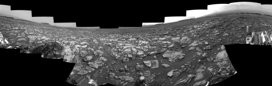 NASA's Mars rover Curiosity took 17 images in Gale Crater using its mast-mounted Right Navigation Camera (Navcam) to create this mosaic. The seam-corrected mosaic provides a 0-degree cylindrical-perspective projection panorama of the Martian surface suitable for stereo viewing, centered at 205 degrees azimuth (measured clockwise from north). This single-eye view must be combined with the partner left image to be viewed in stereo.  Curiosity took the images on October 26, 2016, Sol 1501 of the Mars Science Laboratory mission at drive 2760, site number 58. The local mean solar time for the image exposures was 2 PM. Each Navcam image has a 45-degree field of view. CREDIT: NASA/JPL-Caltech