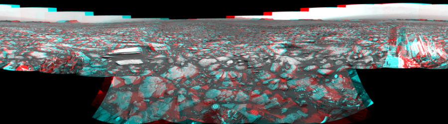 NASA's Mars rover Curiosity took 17 image pairs in Gale Crater using its mast-mounted Navigation Camera (Navcam) to create this mosaic. The seam-corrected mosaic provides a 360-degree cylindrical perspective projection panorama of the Martian surface suitable for stereo viewing, centered at 46 degrees azimuth (measured clockwise from north). This anaglyph must be viewed with red/blue glasses (red over left eye).  Curiosity took the images on October 27, 2016, Sol 1502 of the Mars Science Laboratory mission at drive 2946, site number 58. The local mean solar time for the image exposures was from 1 PM to 2 PM. Each Navcam image has a 45-degree field of view. CREDIT: NASA/JPL-Caltech