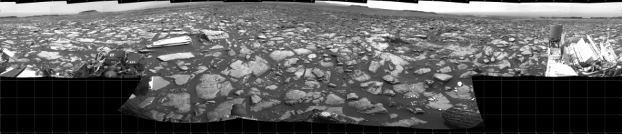 NASA's Mars rover Curiosity took 17 images in Gale Crater using its mast-mounted Left Navigation Camera (Navcam) to create this mosaic. The seam-corrected mosaic provides a 360-degree cylindrical projection panorama of the Martian surface centered at 180 degrees azimuth (measured clockwise from north). Curiosity took the images on October 27, 2016, Sol 1502 of the Mars Science Laboratory mission at drive 2946, site number 58. The local mean solar time for the image exposures was from 1 PM to 2 PM. Each Navcam image has a 45 degree field of view. CREDIT: NASA/JPL-Caltech