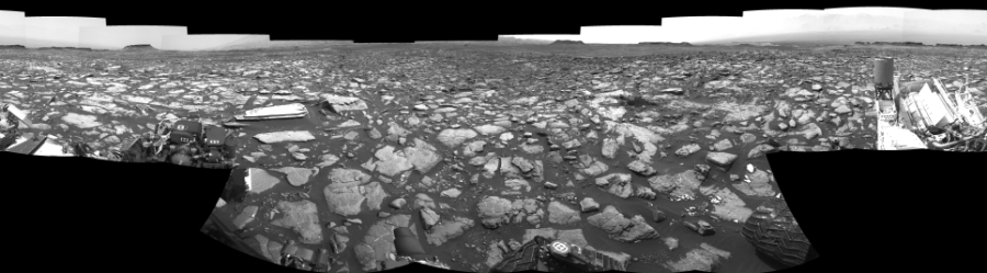 NASA's Mars rover Curiosity took 17 images in Gale Crater using its mast-mounted Left Navigation Camera (Navcam) to create this mosaic. The seam-corrected mosaic provides a 360-degree cylindrical-perspective projection panorama of the Martian surface suitable for stereo viewing, centered at 46 degrees azimuth (measured clockwise from north). This single-eye view must be combined with the partner right image to be viewed in stereo.  Curiosity took the images on October 27, 2016, Sol 1502 of the Mars Science Laboratory mission at drive 2946, site number 58. The local mean solar time for the image exposures was from 1 PM to 2 PM. Each Navcam image has a 45-degree field of view. CREDIT: NASA/JPL-Caltech