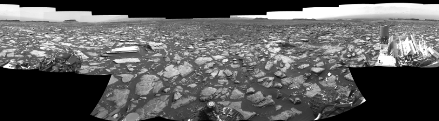 NASA's Mars rover Curiosity took 17 images in Gale Crater using its mast-mounted Right Navigation Camera (Navcam) to create this mosaic. The seam-corrected mosaic provides a 0-degree cylindrical-perspective projection panorama of the Martian surface suitable for stereo viewing, centered at 219 degrees azimuth (measured clockwise from north). This single-eye view must be combined with the partner left image to be viewed in stereo.  Curiosity took the images on October 27, 2016, Sol 1502 of the Mars Science Laboratory mission at drive 2946, site number 58. The local mean solar time for the image exposures was from 1 PM to 2 PM. Each Navcam image has a 45-degree field of view. CREDIT: NASA/JPL-Caltech
